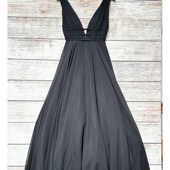 Ieena for Mac Duggal Black Evening Gown Dress Size 0 Long Formal Tulle V-Neck - Picture 2 of 11